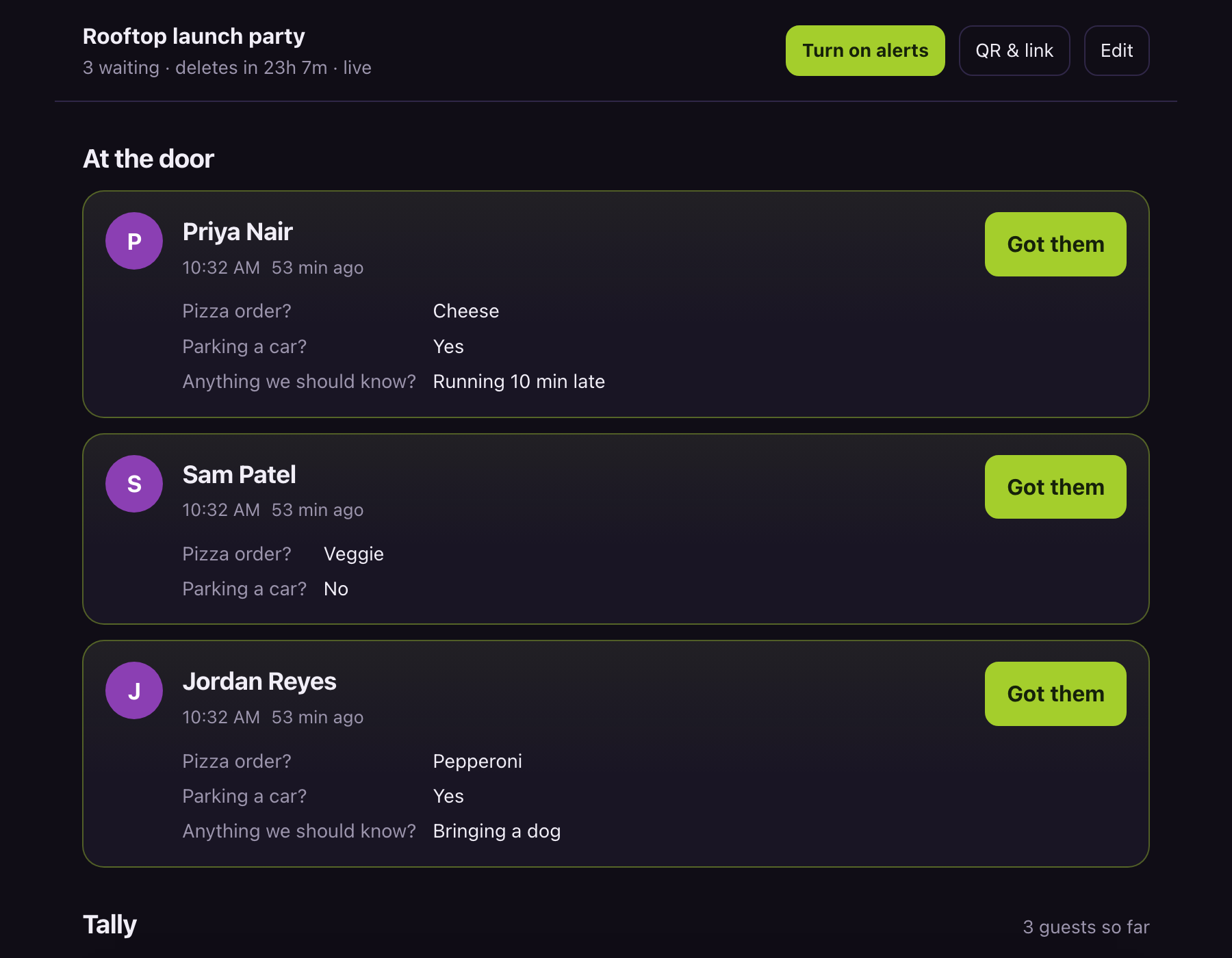 The host dashboard listing who is waiting, their answers, and a running tally