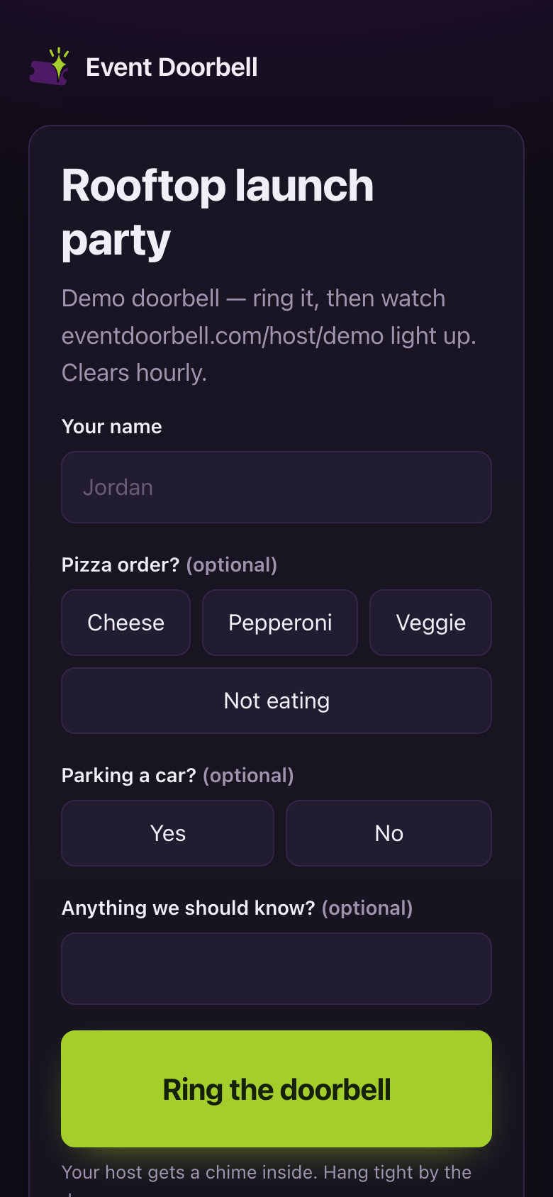 The guest page on a phone, with a large Ring the doorbell button