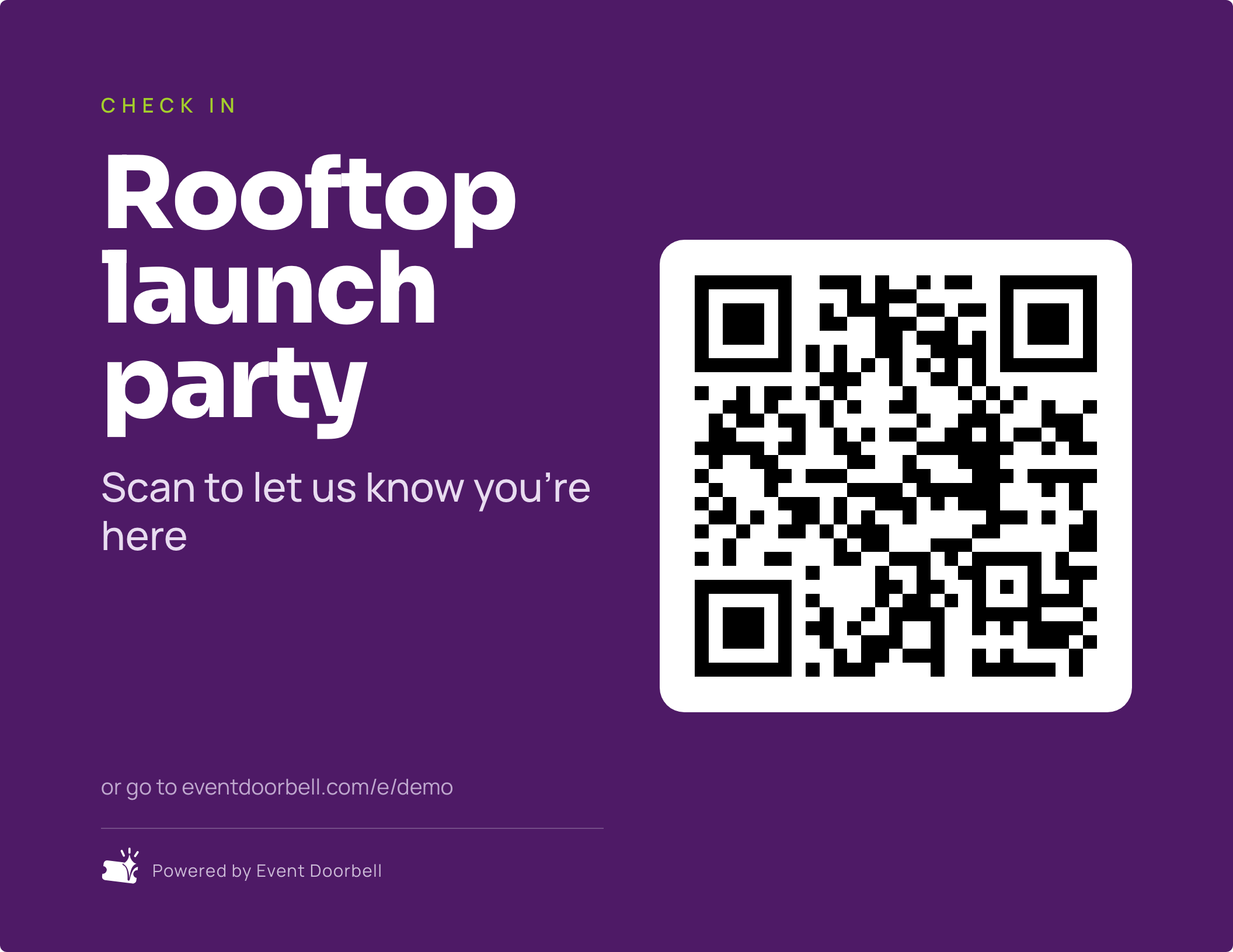 A printed door sign showing the event name and a large QR code