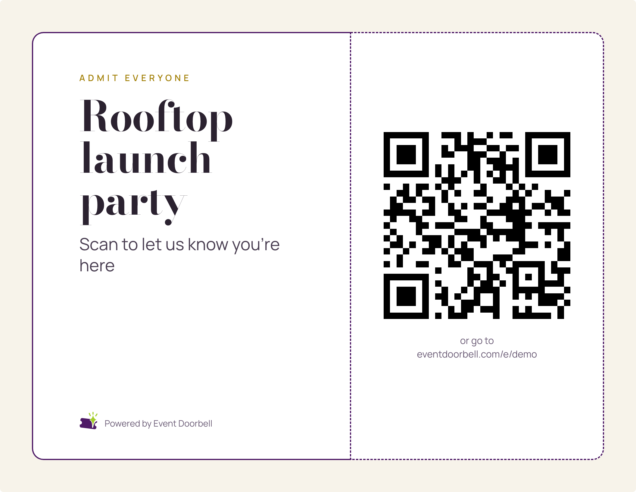 The Ticket sign design: a serif event name beside a perforated stub holding the QR code